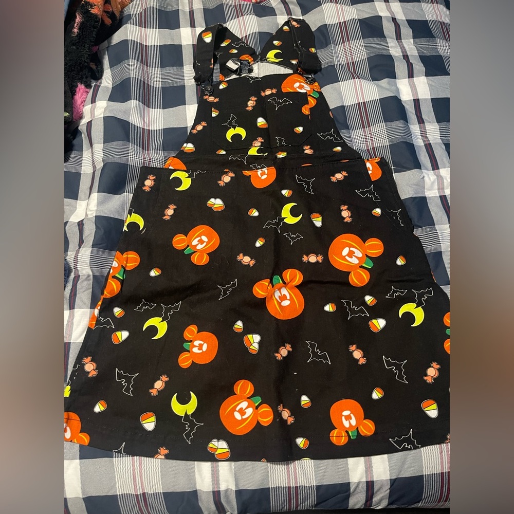 Disney Black Overall Dress with Orange and Yellow Halloween Print